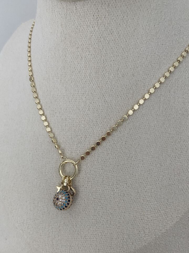 Altın Kaplama Yıldız Detaylı Küre Göz Nazar Charm Ezme Zincir Kolye (47cm+ek)