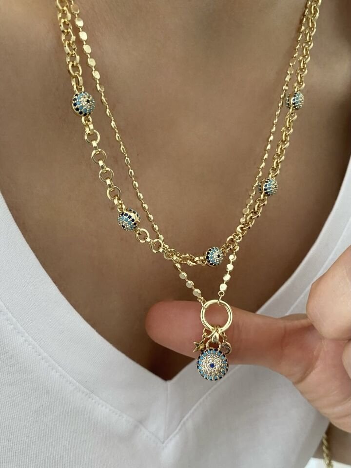 Altın Kaplama Yıldız Detaylı Küre Göz Nazar Charm Ezme Zincir Kolye (47cm+ek)