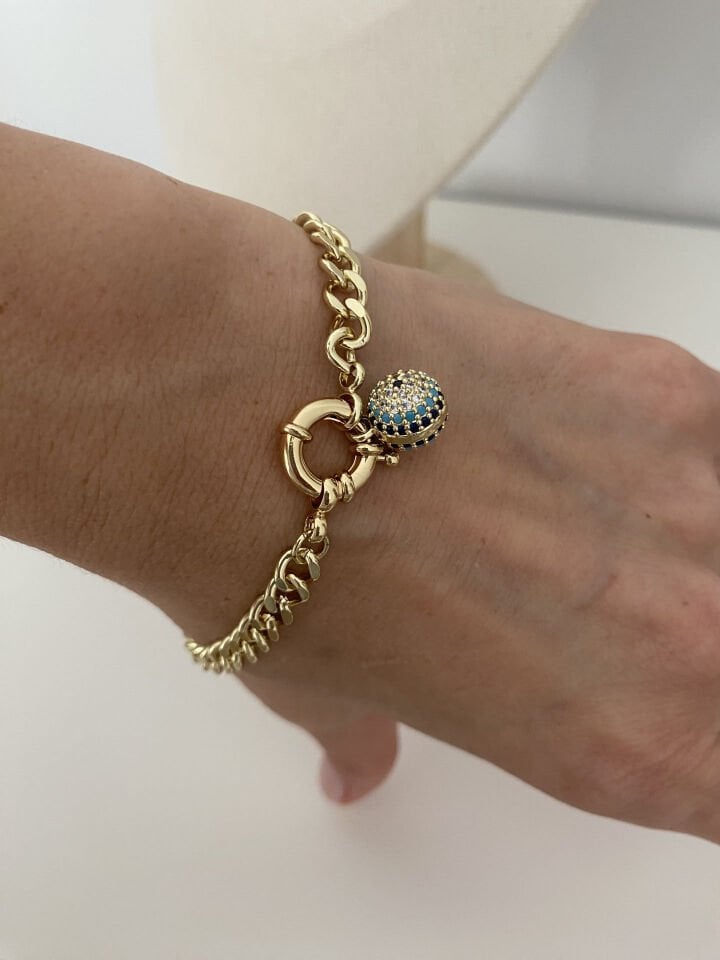 Altın Kaplama Gemici Kilit Küre Nazar Detay Charm Zincir Bileklik (19cm)