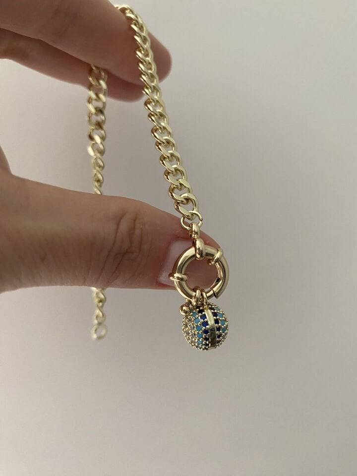 Altın Kaplama Gemici Kilit Küre Nazar Detay Charm Zincir Bileklik (19cm)