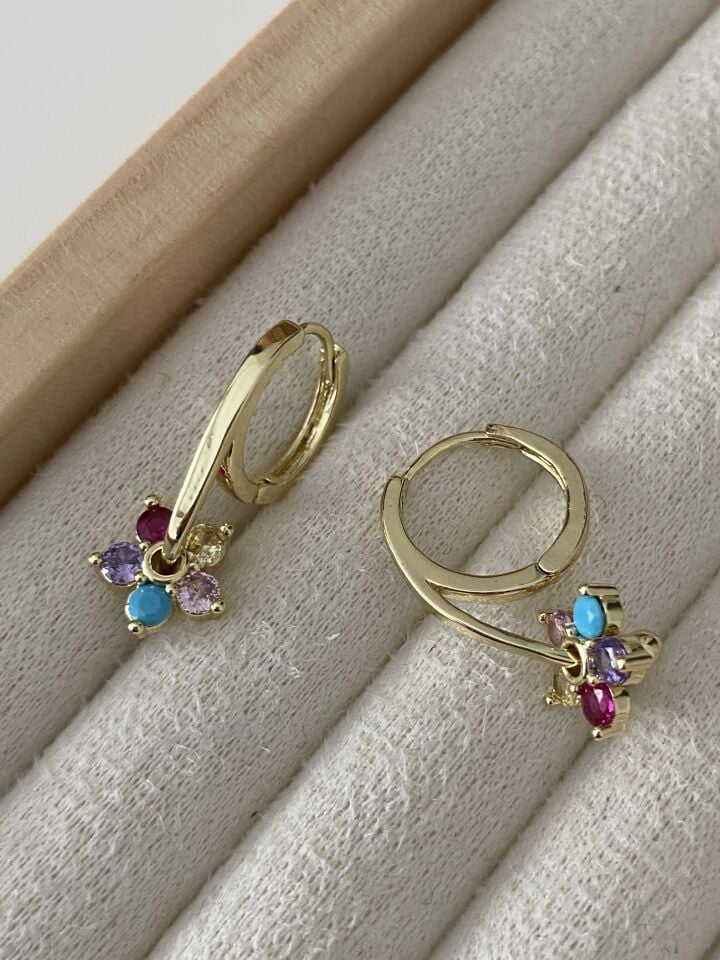 Altın Kaplama Renkli Taşlı Göçmen Küpe (İç çapı:1,2 cm)