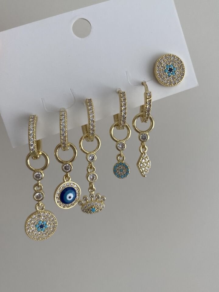 Altın Kaplama Altılı Nazar Figür Set Küpe