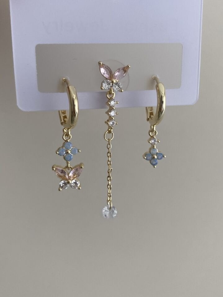 Altın Kaplama Üçlü Pembe Kelebek Figür Set Küpe