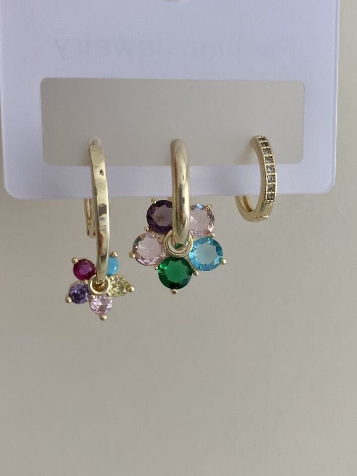 Altın Kaplama Üçlü Renkli Kristal Taşlı Çiçek Set Küpe