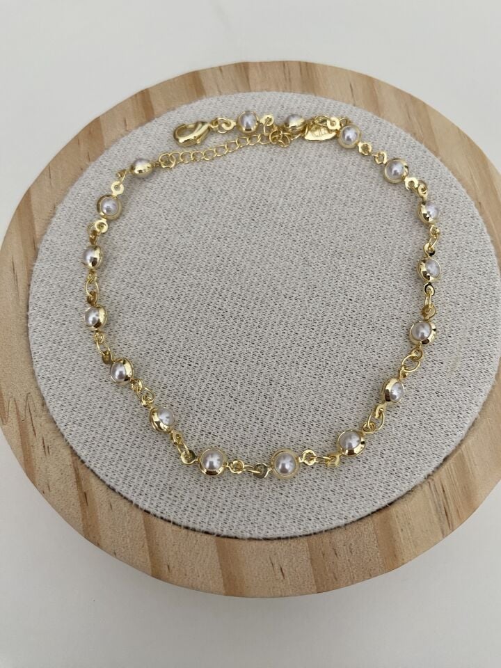 Altın Kaplama Gold Çerveli İncili Halhal (24cm+ek)