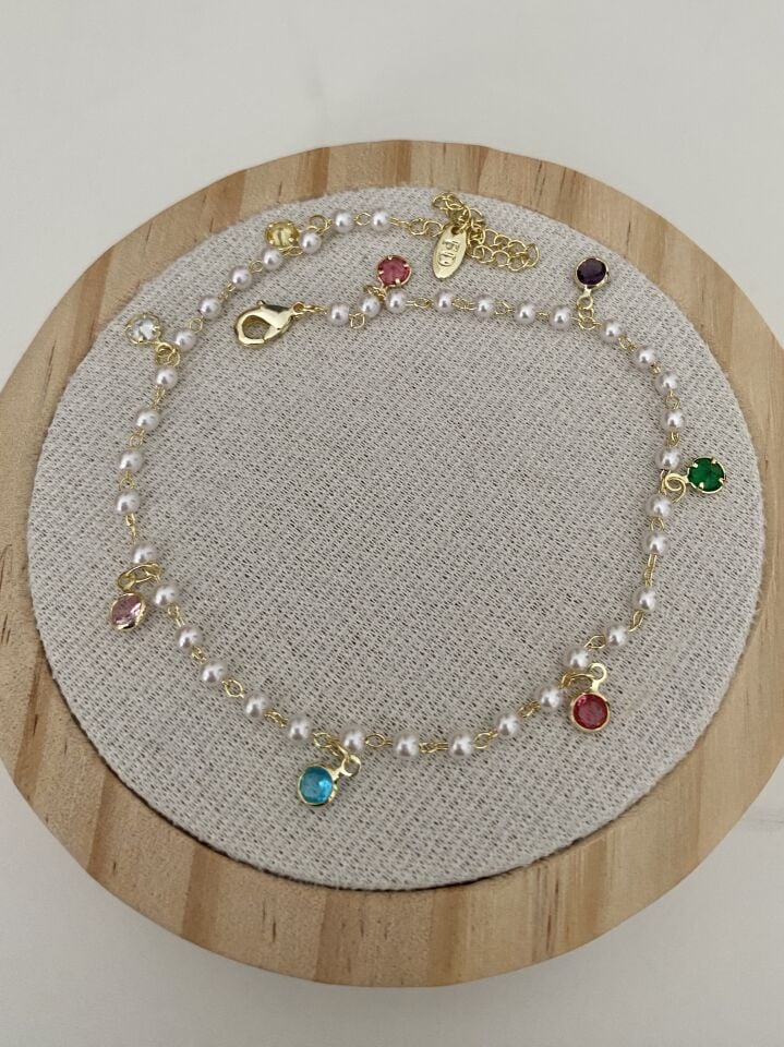 Altın Kaplama Sallamalı Kristal Taş Detaylı İncili Halhal (24cm+ek)