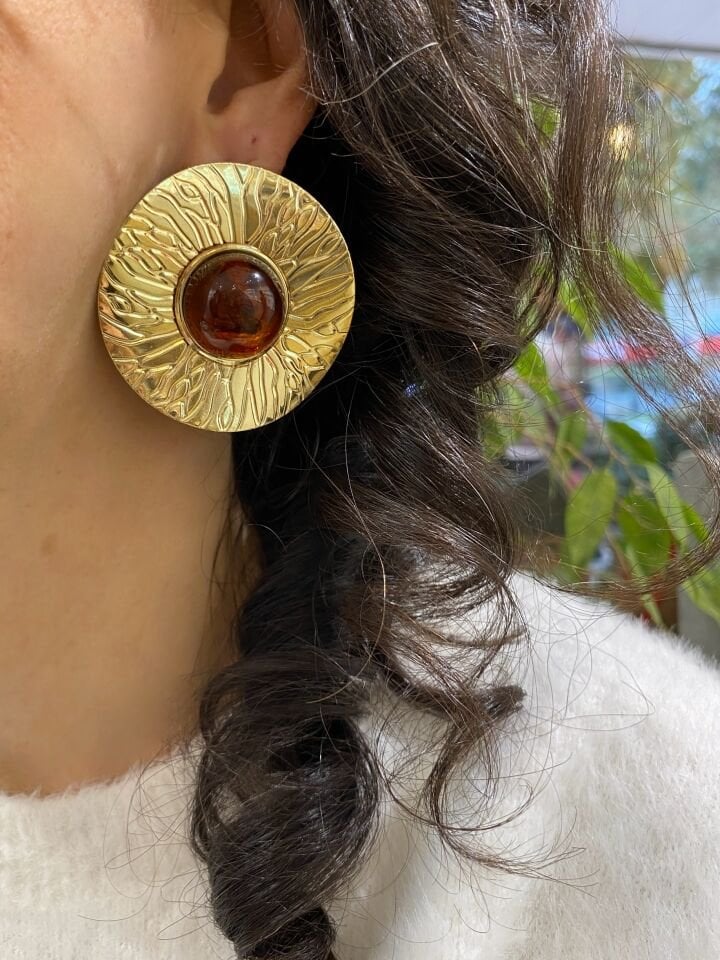 Lazer Kesim Kehribar Detay Küpe