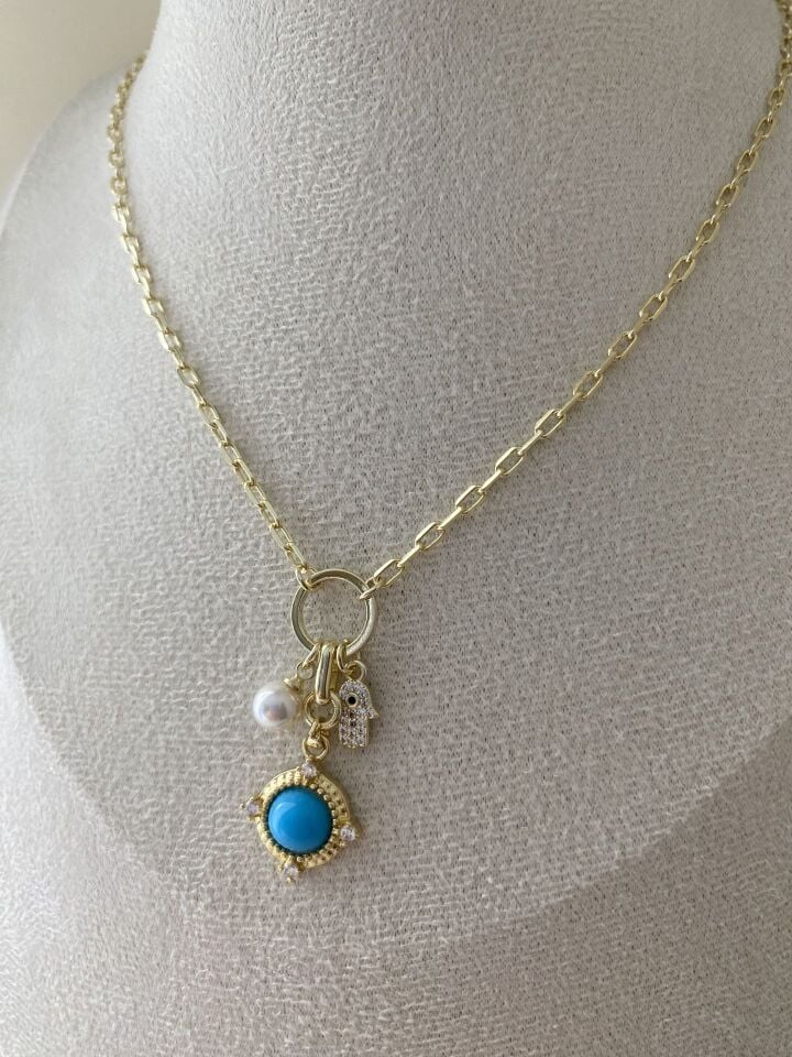 Altın Kaplama Mavi Mineli İnci Detaylı Charm Kolye (52cm+ek)