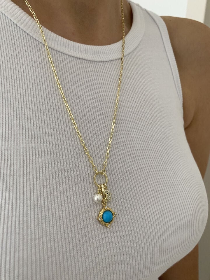 Altın Kaplama Mavi Mineli İnci Detaylı Charm Kolye (52cm+ek)