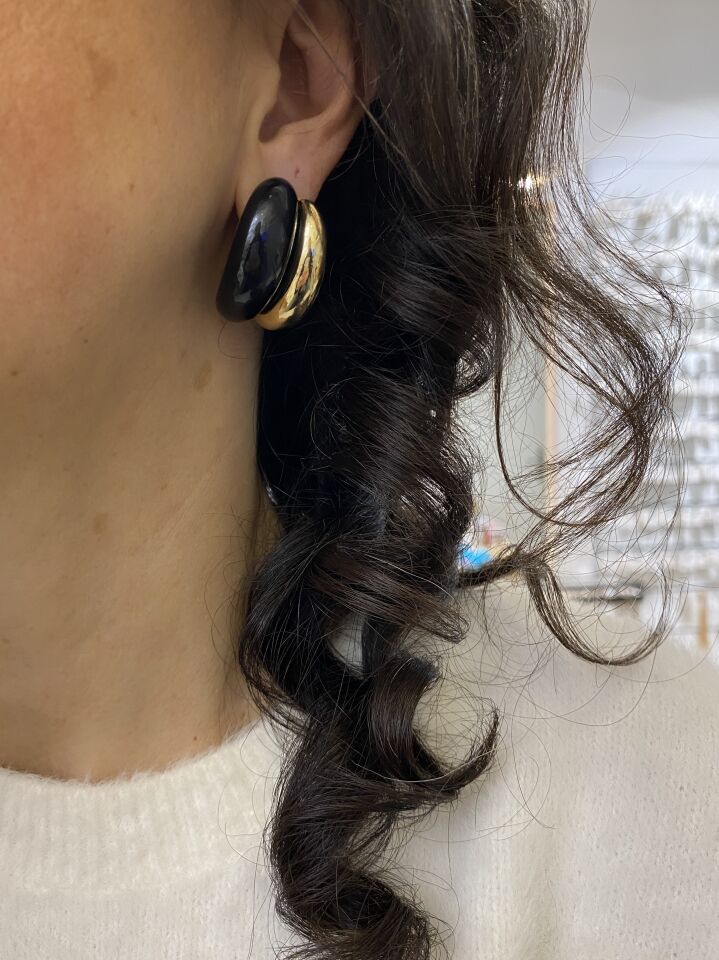 Gold Detaylı Bombeli İkili Siyah Küpe