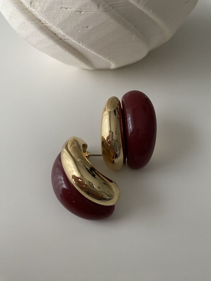 Gold Detaylı Bombeli İkili Bordo Küpe