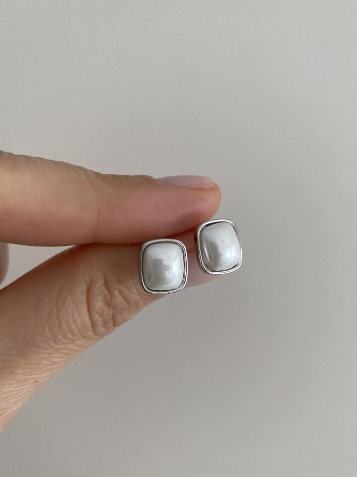 Özel Seri Parlak Mine Detaylı Dikdörtgen Form Minimal Küpe Silver