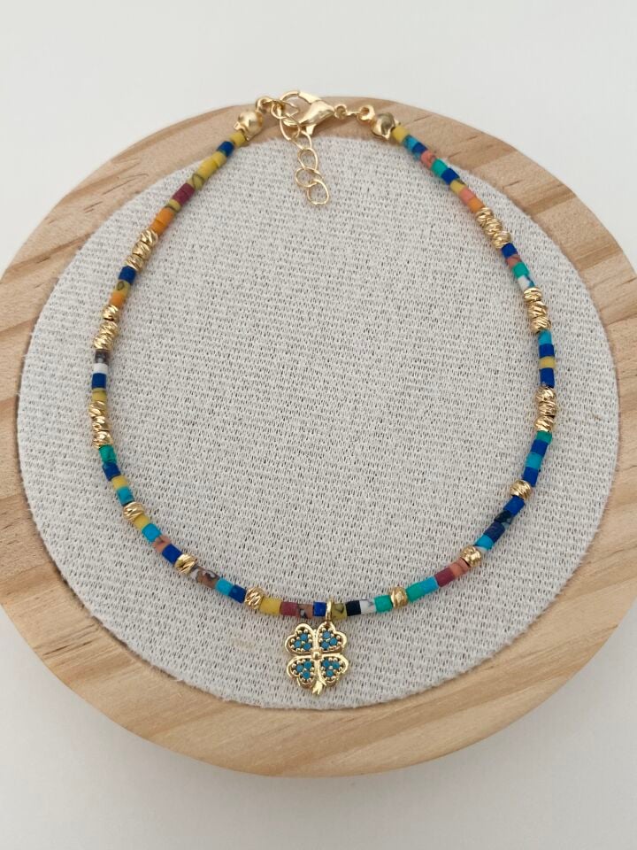 Firuze Taşlı Yonca Figür  Renkli Afgan Doğal Taş Halhal (23cm+ek)