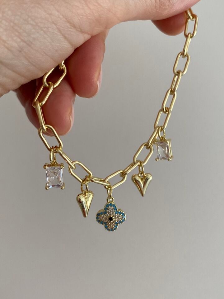 Altın Kaplama Yonca Nazar Detaylı Charmlı Ataç Zincir Bileklik (18cm+ek)