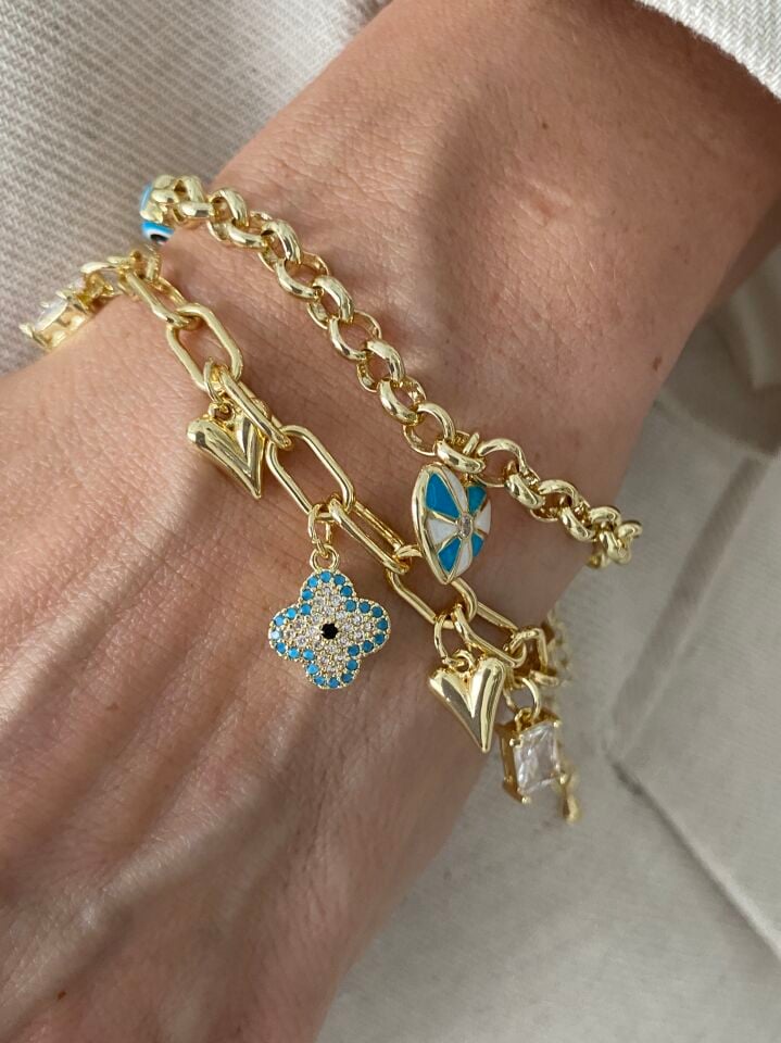 Altın Kaplama Yonca Nazar Detaylı Charmlı Ataç Zincir Bileklik (18cm+ek)