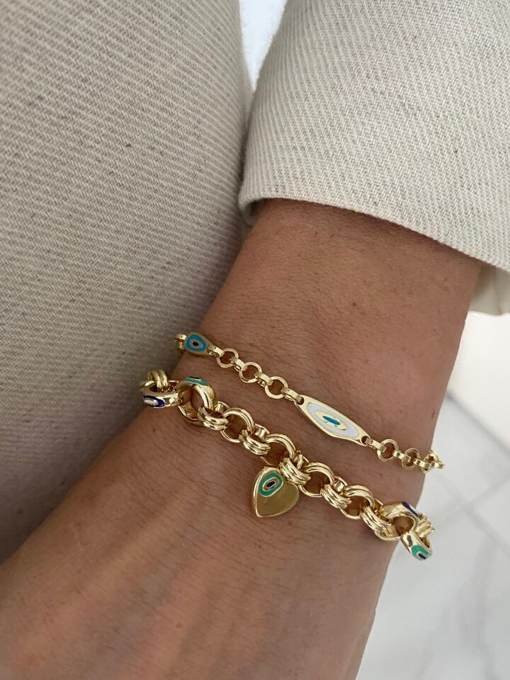 Altın Kaplama Mineli Mavi Göz Desenli Halkalı Zincir Bileklik (16,5cm+ek)