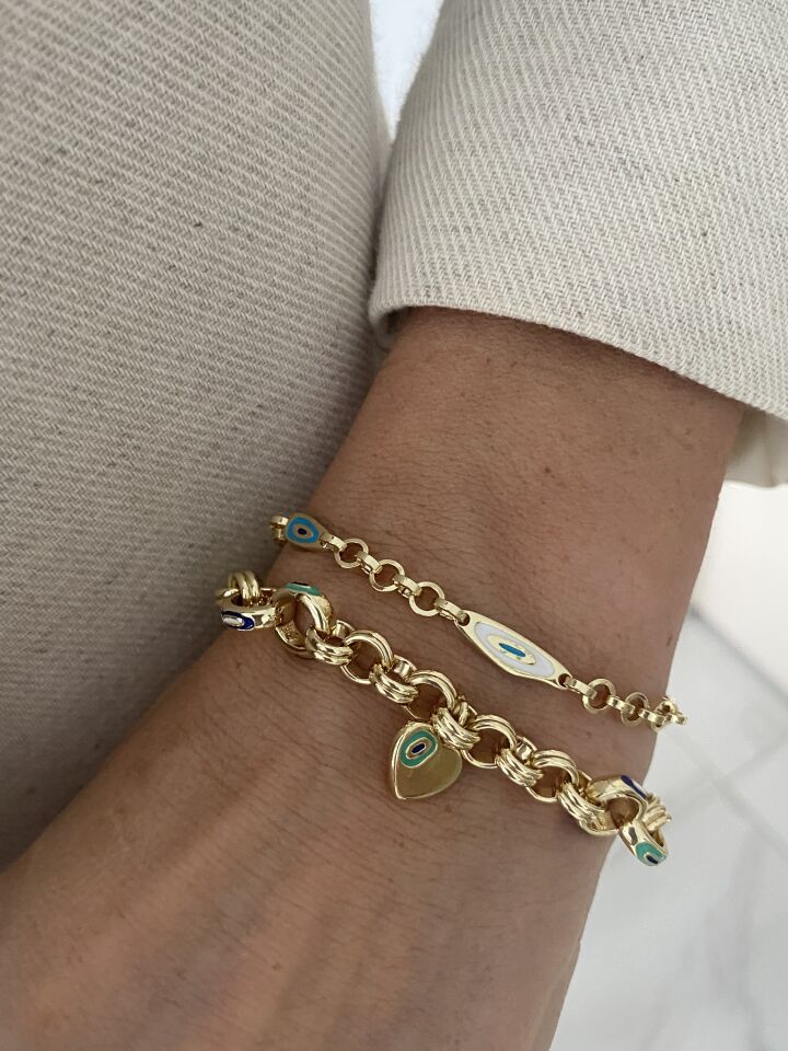 Altın Kaplama Mineli Mavi Göz Desenli Halkalı Zincir Bileklik (16,5cm+ek)