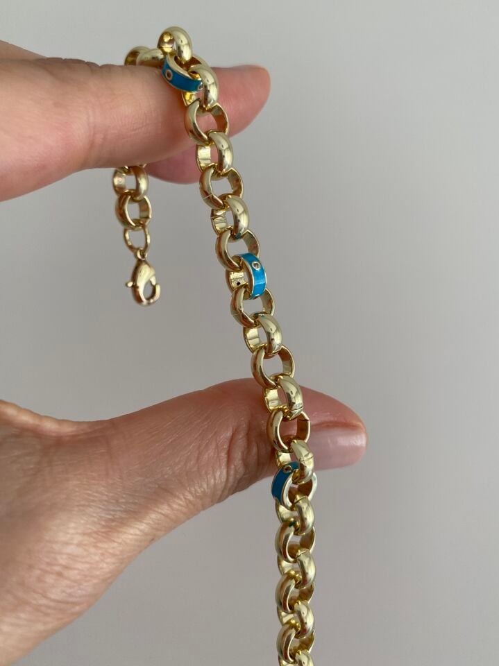 Altın Kaplama Mavi Taşlı Mineli Halka Detaylı Kalın Zincir Bileklik (18cm+ek)