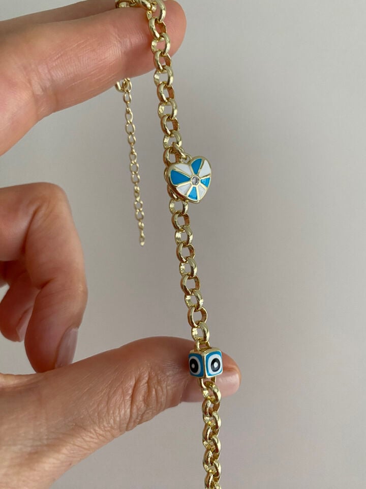 Altın Kaplama Mavi Küp Göz Detaylı Mineli Mavi Beyaz Charmlı Halka Zincir Bileklik (18cm+ek)