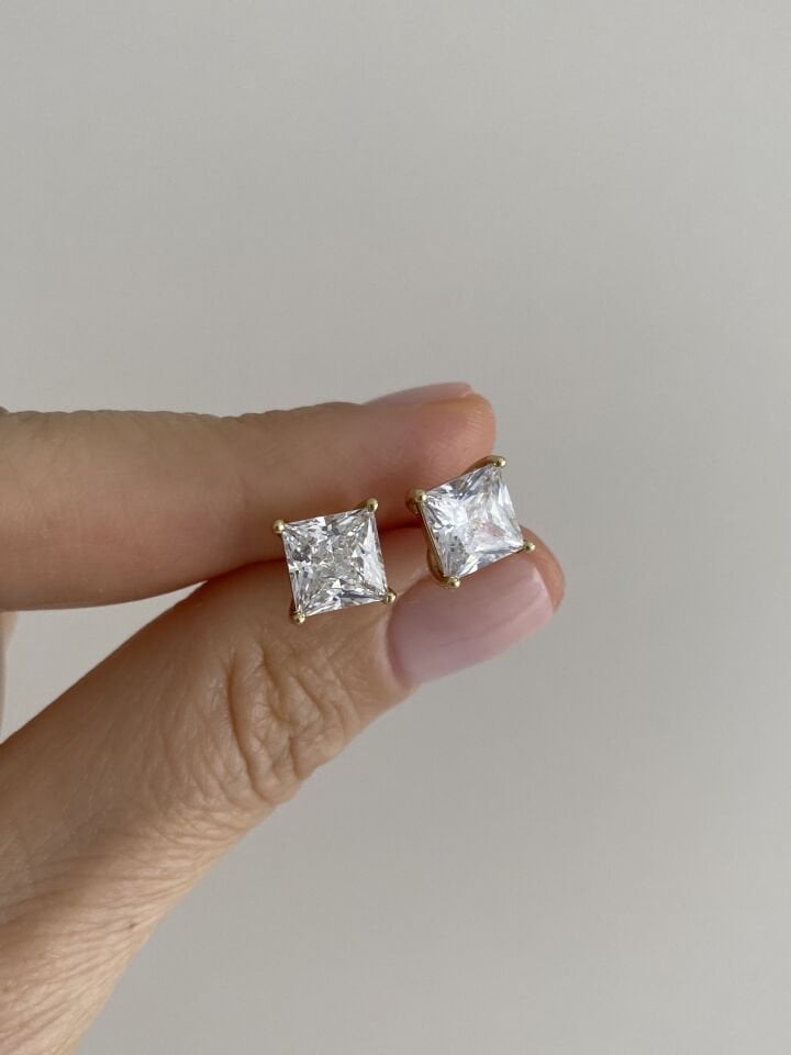 Özel Seri Kristal Taşlı Kare Form Tek Taş Minimal Küpe Gold 7mm