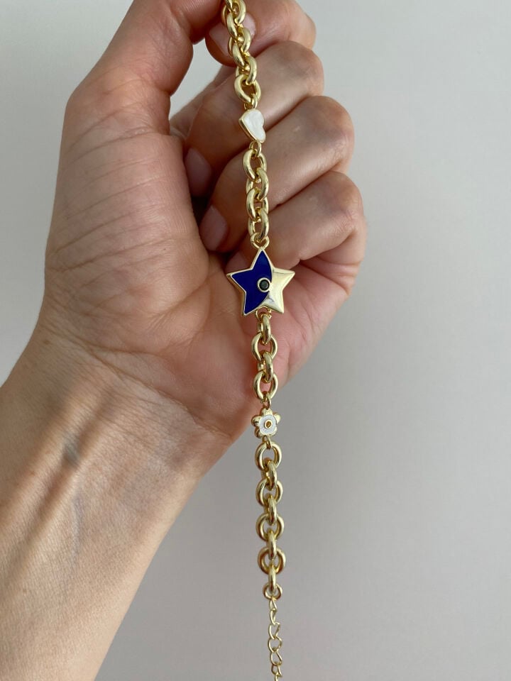 Altın Kaplama Lacivert Taşlı Mineli Yıldız Detay Zincir Bileklik (16cm+ek)
