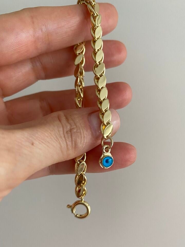 Altın Kaplama Nazar Boncuk Charmlı Arpa Zincir Bileklik (18,5cm)