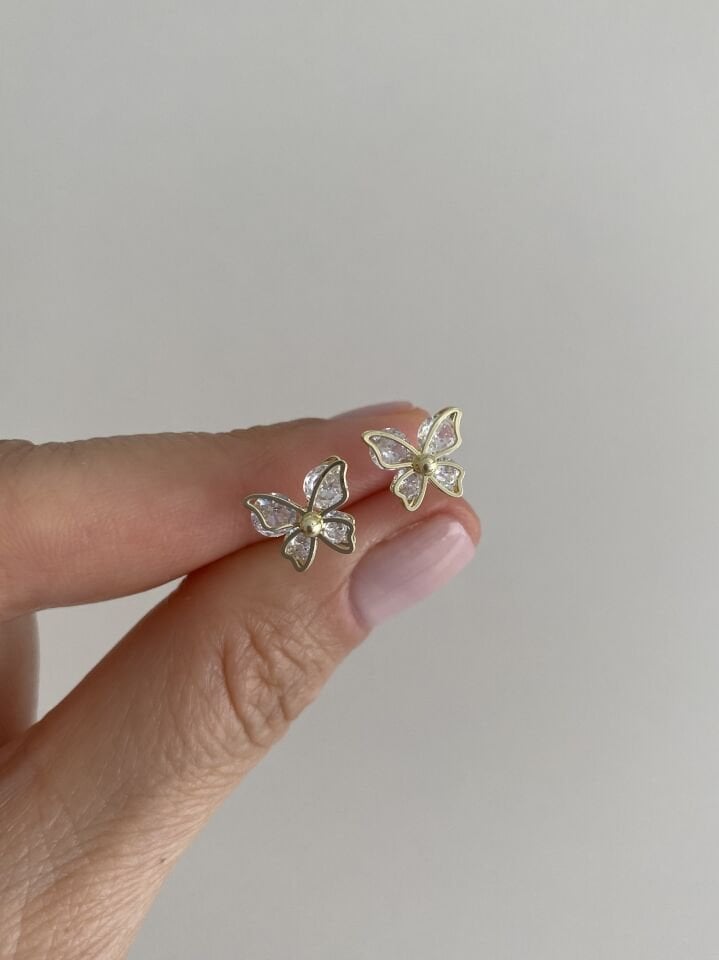 Özel Seri Kristal Taşlı Kelebek Model Minimal Küpe Gold