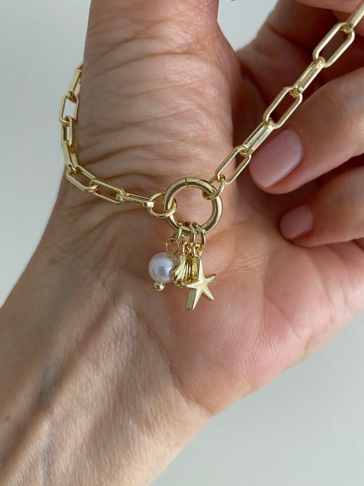 Altın Kaplama Kumsal Charm İnce Ataç Zincir Bileklik (17cm+ek)