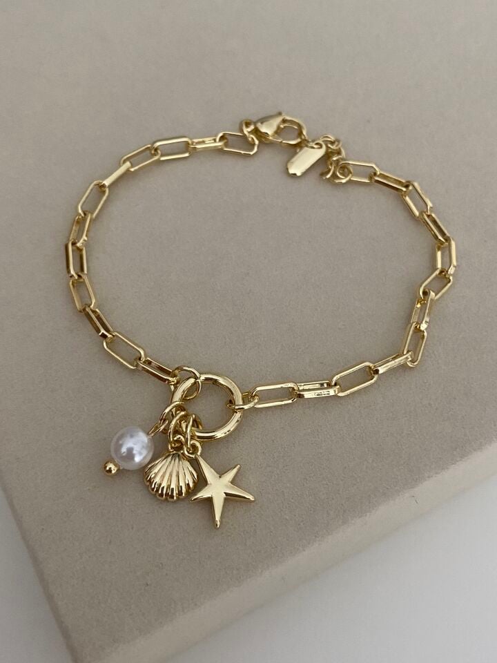 Altın Kaplama Kumsal Charm İnce Ataç Zincir Bileklik (17cm+ek)