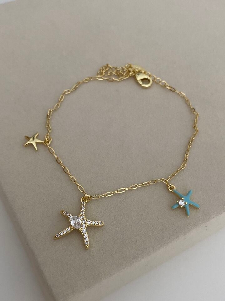 Altın Kaplama Deniz Yıldız Charm İnce Zincir Bileklik (17cm+ek)