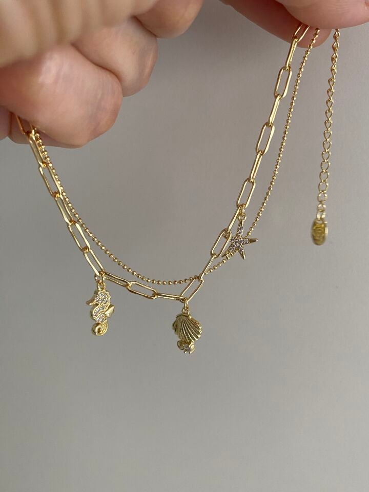 Altın Kaplama Deniz Charm İkili İnce Zincir Bileklik (17cm+ek)