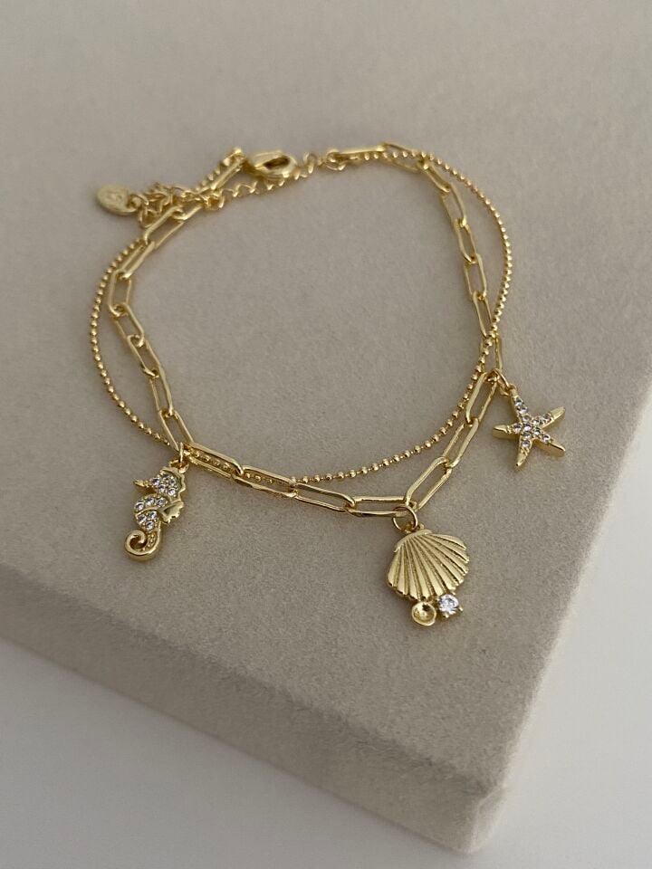 Altın Kaplama Deniz Charm İkili İnce Zincir Bileklik (17cm+ek)