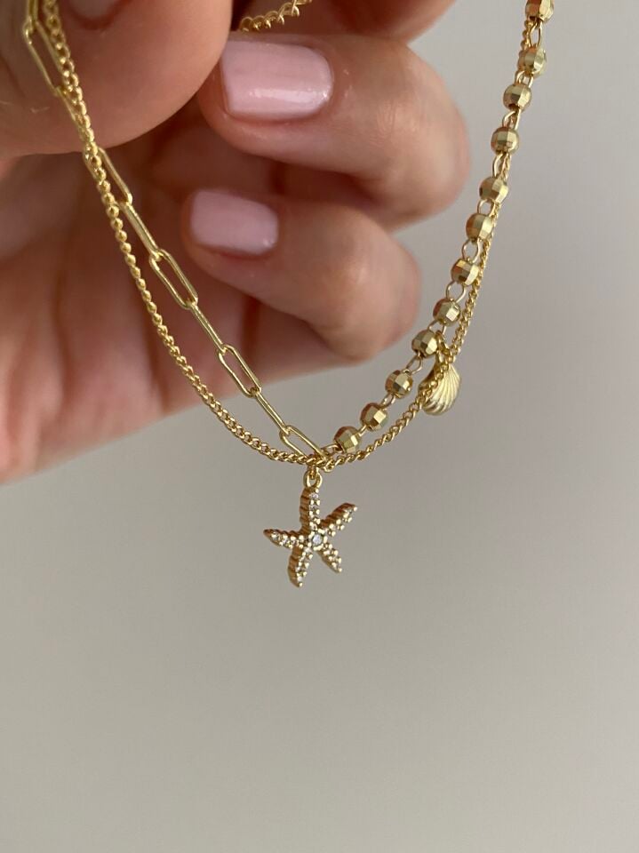 Altın Kaplama Okyanus Charm İkili İnce Zincir Bileklik (16cm+ek)