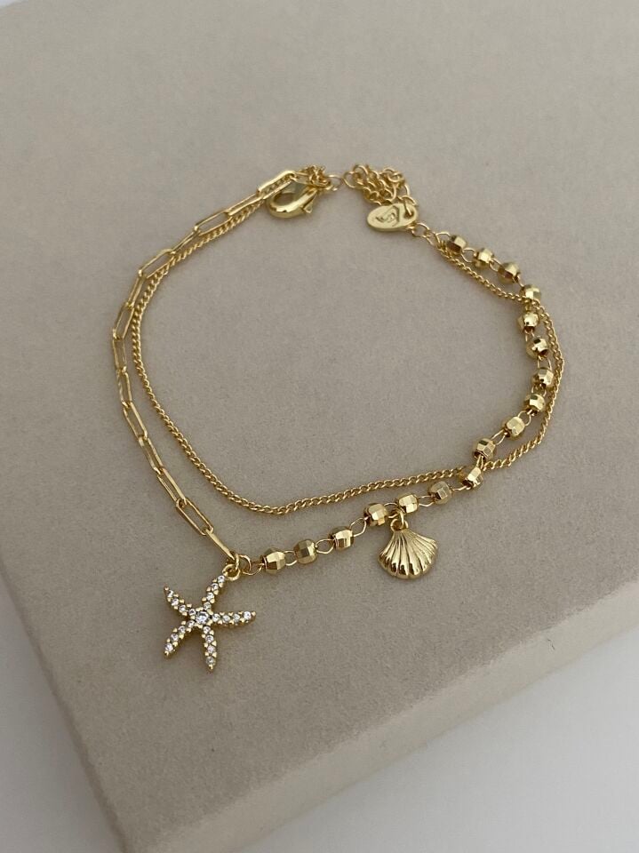 Altın Kaplama Okyanus Charm İkili İnce Zincir Bileklik (16cm+ek)