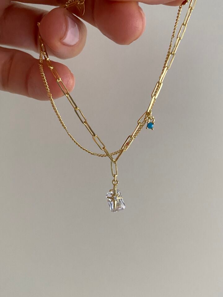 Altın Kaplama Firuze Taş Detaylı Kuzey Yıldız Charm İkili İnce Zincir Bileklik (16cm+ek)