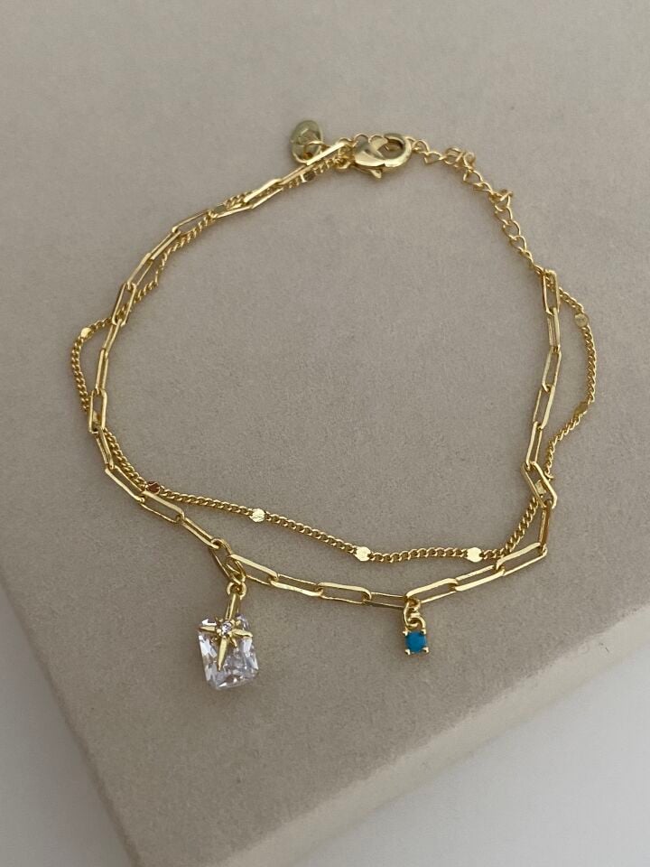 Altın Kaplama Firuze Taş Detaylı Kuzey Yıldız Charm İkili İnce Zincir Bileklik (16cm+ek)