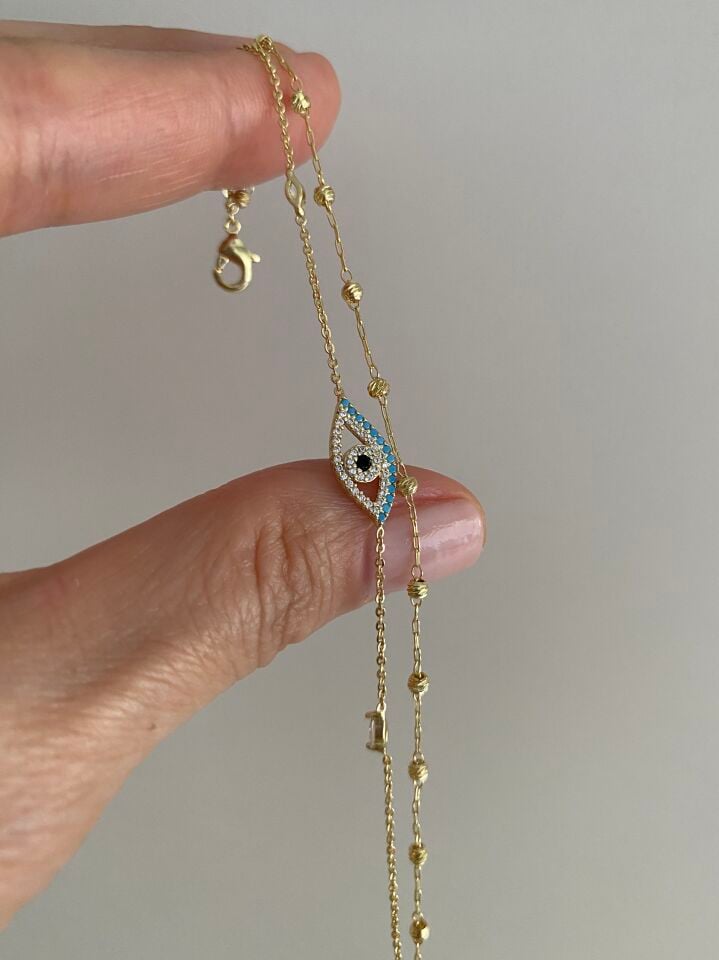 Altın Kaplama Mavi Taşlı Çekik Göz Figür İkili İnce Zincir Bileklik (16cm+ek)