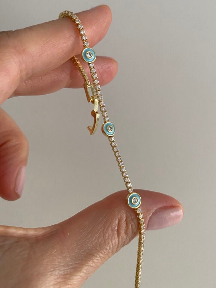 Altın Kaplama Sıralı Taşlı Mavi Mineli Nazar Bileklik (18,5cm)