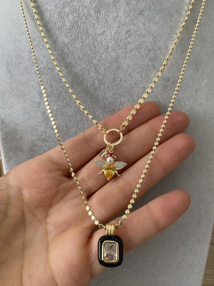 Ezme Zincirli Siyah Çerçeveli Kolye(60cm)