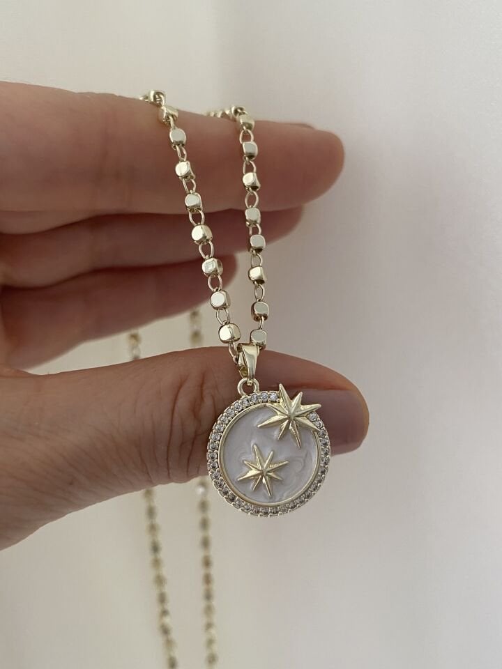 Dorika Zincirli Çift Yıldız Detaylı Kolye