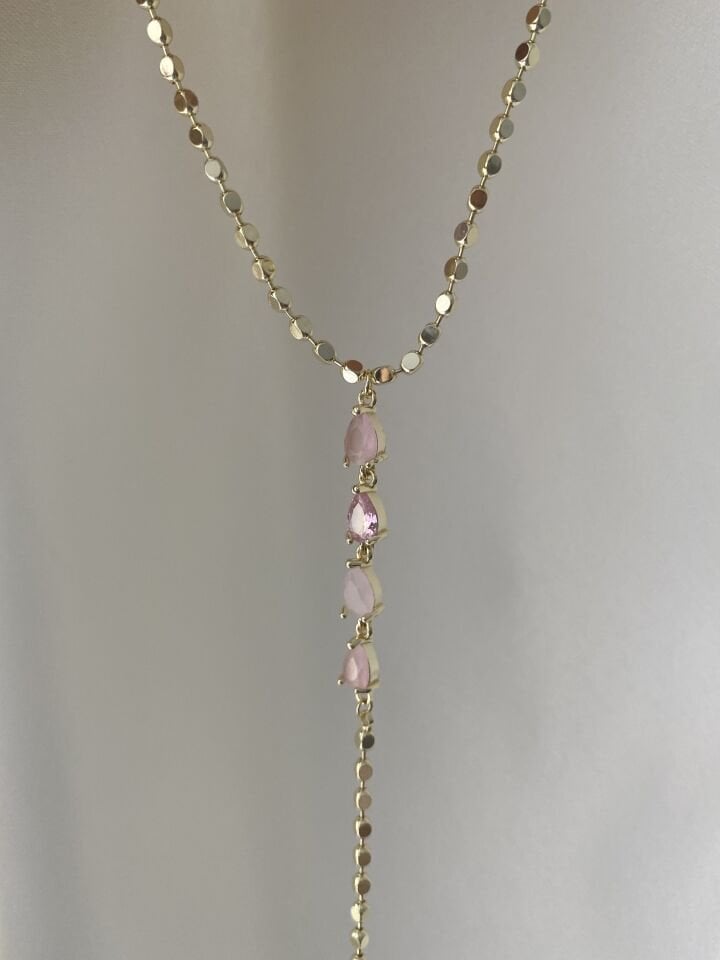 Pembe Damla Taşlı Y Kolye (45cm)