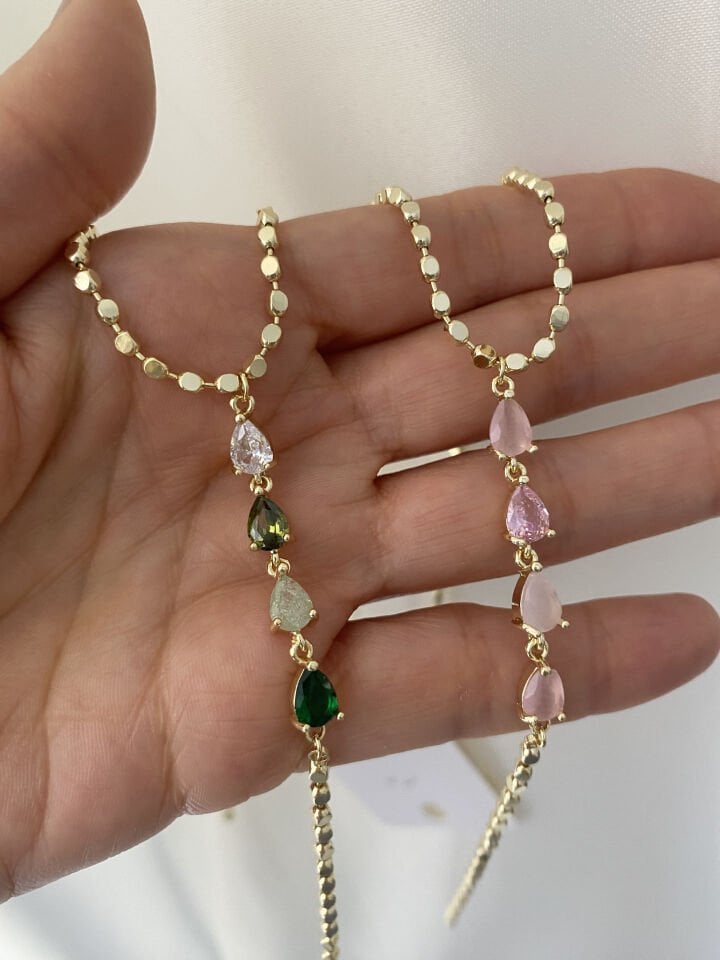 Pembe Damla Taşlı Y Kolye (45cm)