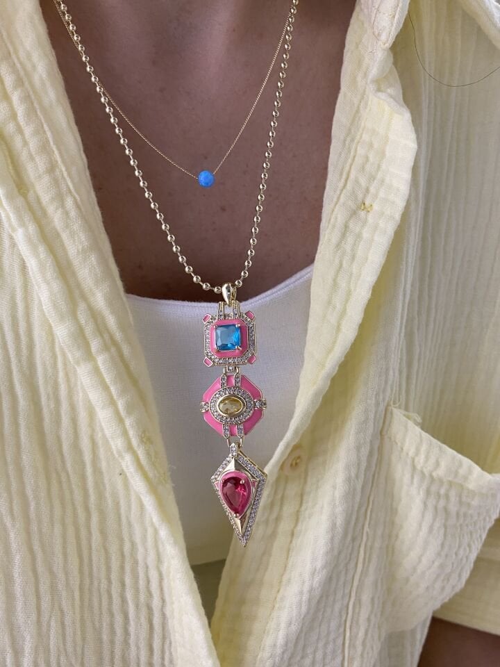 Altın Kaplama Pembe Mineli Renkli Taşlı Geometrik Kolye (50cm+ek)