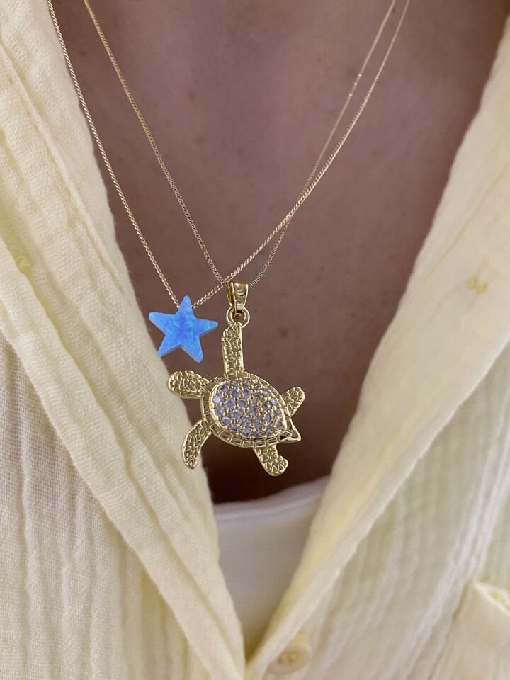 Altın Kaplama Gömme Zirkon Taşlı Kaplumbağa Kolye (45cm+ek)