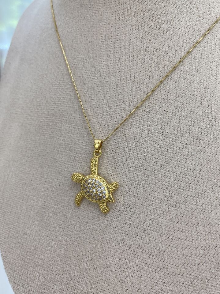 Altın Kaplama Gömme Zirkon Taşlı Kaplumbağa Kolye (45cm+ek)