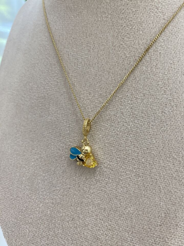 Altın Kaplama Mineli Mavi Kanatlı Arı Charm Kolye (45cm+ek)