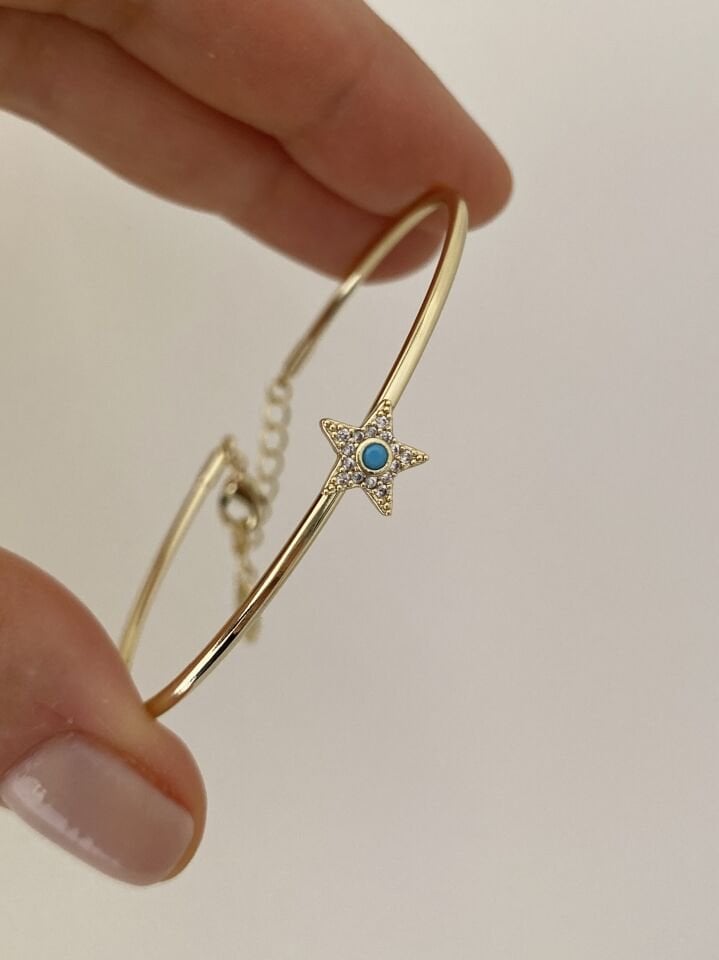 Minimal Firuze Taşlı Yıldız Figür İnce Kelepçe Bileklik