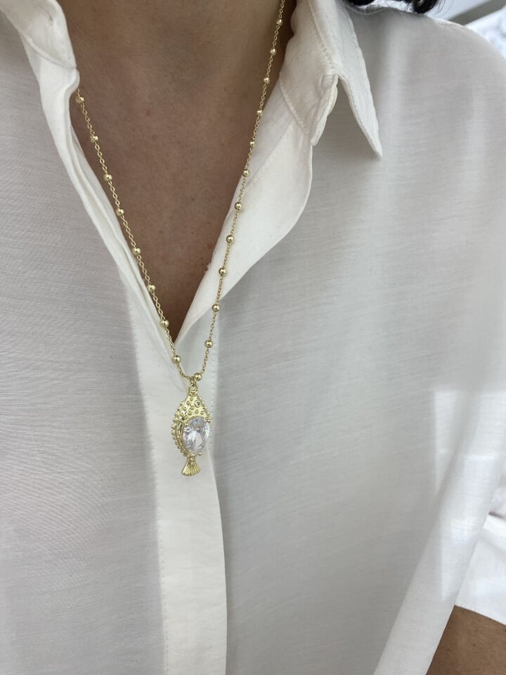 Altın Kaplama Kristal Taşlı Gold Balık Kolye (60cm+ek)