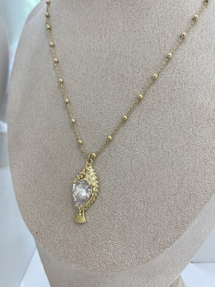 Altın Kaplama Kristal Taşlı Gold Balık Kolye (60cm+ek)