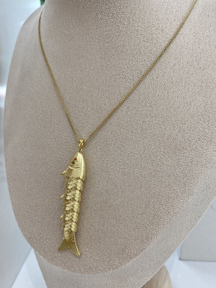 Altın Kaplama Gold Hareketli Balık Kolye (60cm+ek)